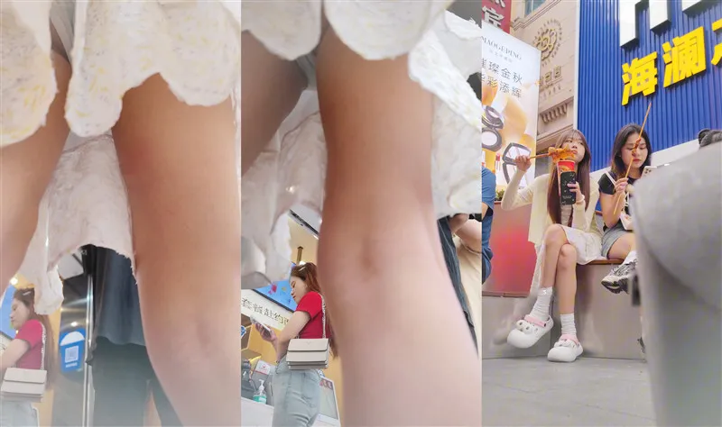 大神一路跟踪抄底白色连衣裙清纯小姐姐和同学逛街蓝色窄内