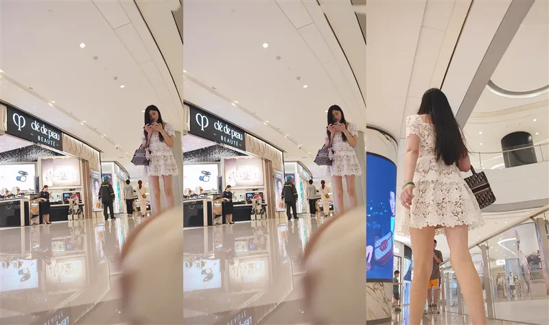 【CSCD】白色连衣裙身材特别好美女一个人逛街❤️紫色内内