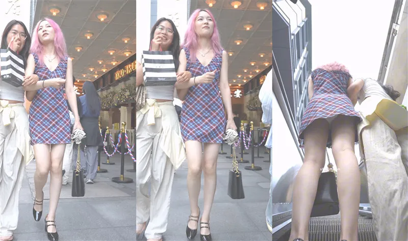 粉色长发花裙小姐姐❤️服装店被抄底花纹纸内裤